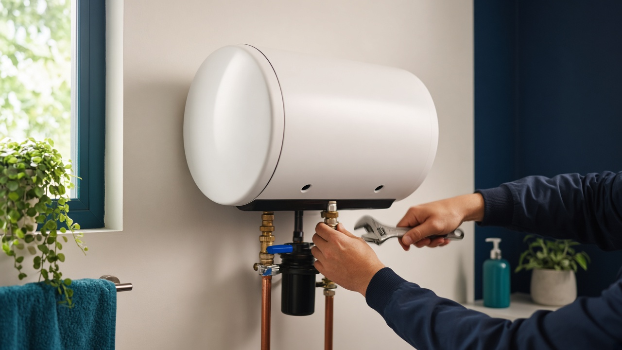 Hands repairing plumbing connections under a horizontal water heater