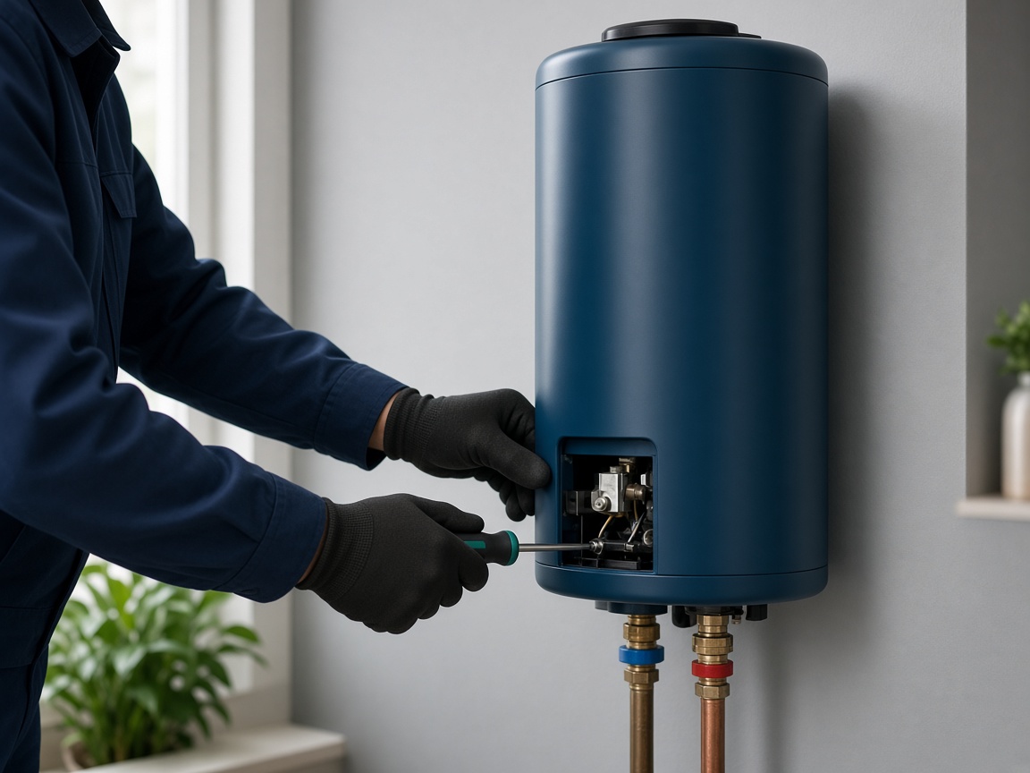 Technician servicing a wall-mounted electric water heater at a customer home in Chennai